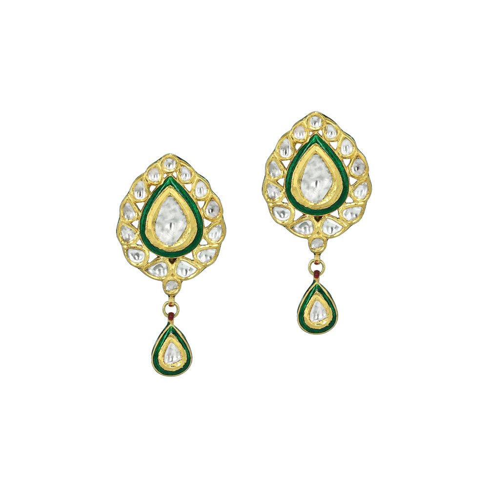 Teardrop Polki Earrings with Green Enamel